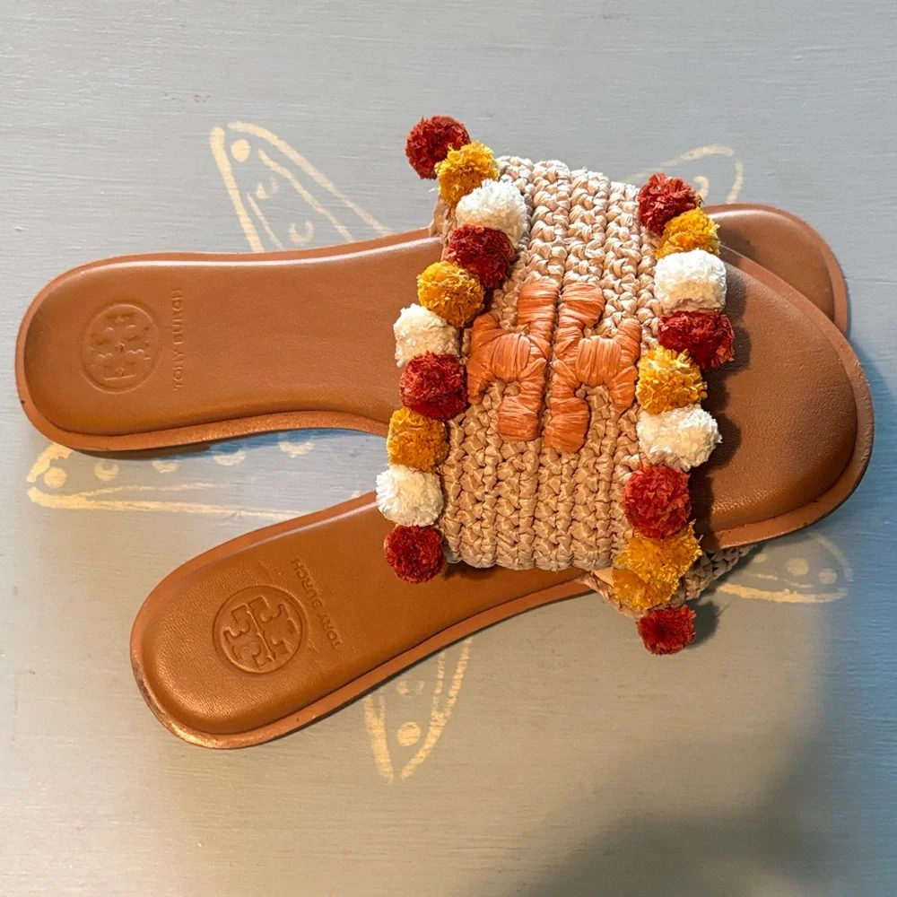 Tory Burch Tan Pom Pom Slides - Picture 3 of 6